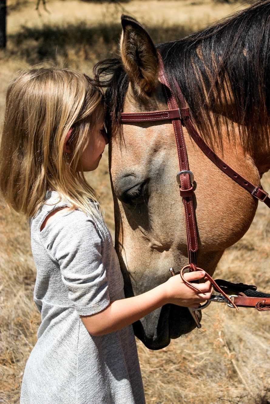 A girl rests her forehead against a buckskin horse